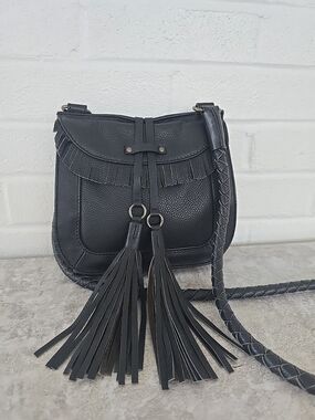 Joelle Hawkens  Black Leather Crossbody  Bag Front Flap and Decorative Tassels